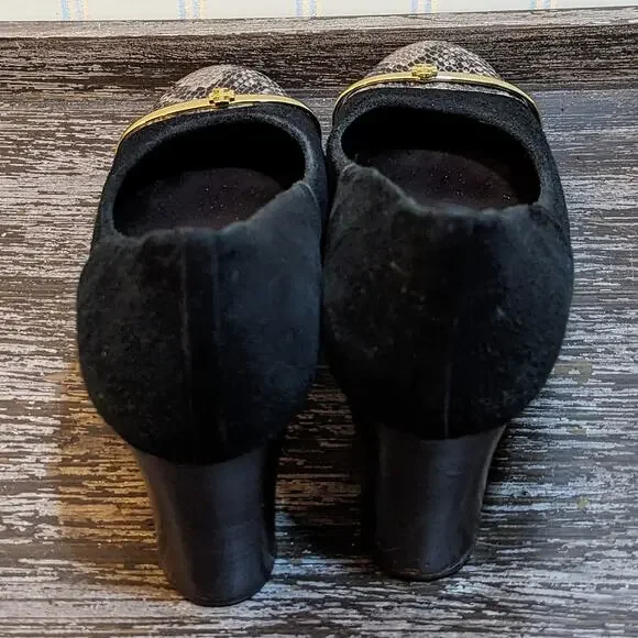 Tory Burch Black Suede Snakeskin Cap Pacey Block Heels Size 10.5 - Picture 3 of 5